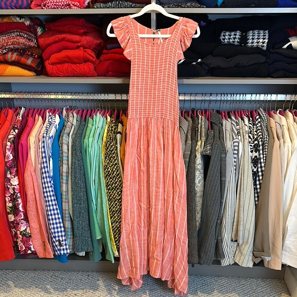 Free People pink/white striped smocked button closure sleeveless dress size XS